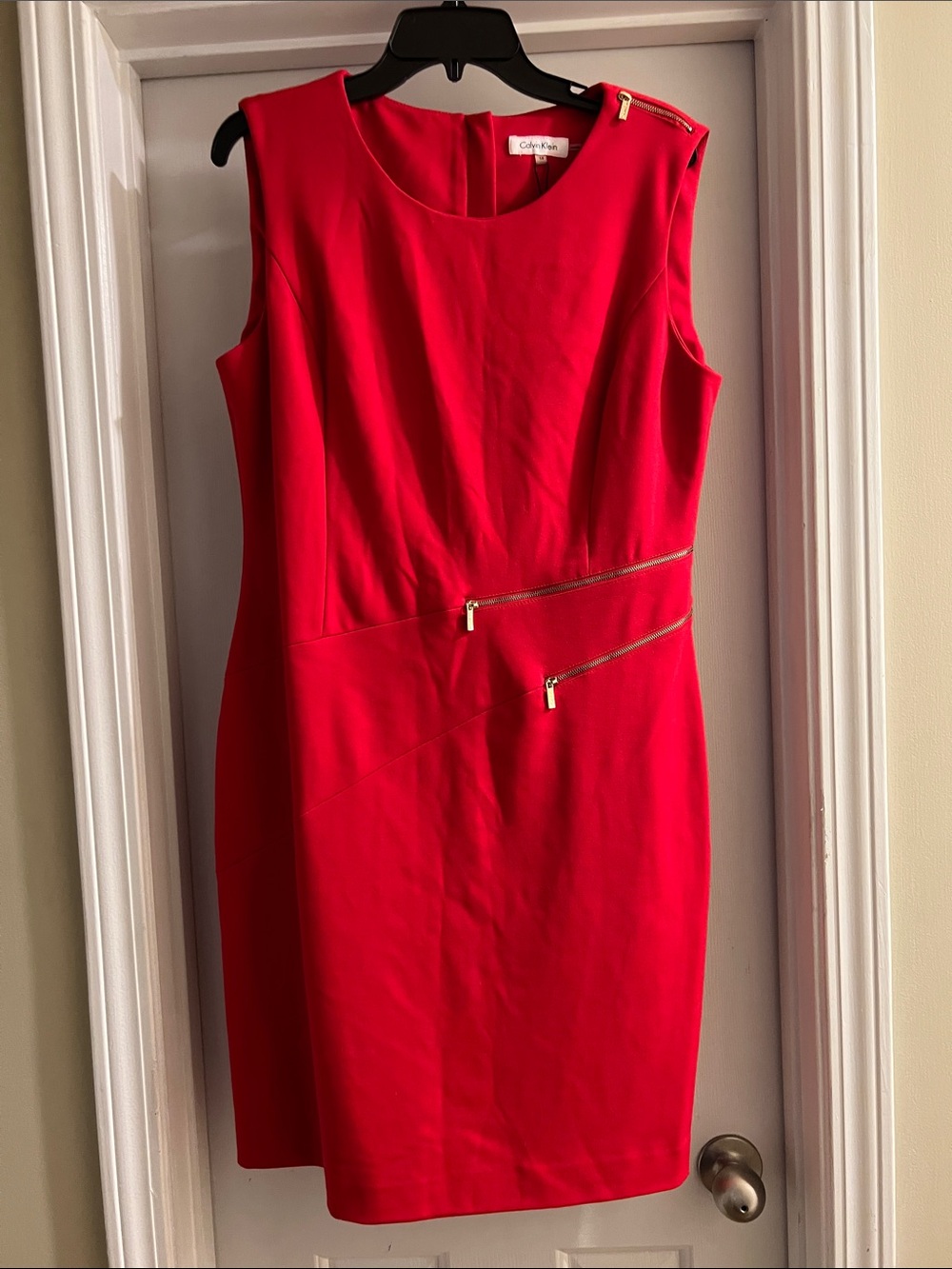 Calvin Klein Red Sleeveless Midi Sheath Dress with Gold Zippers NWT